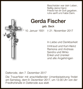 Traueranzeige von Gerda Fischer von Eschwege