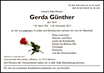 Traueranzeige von Gerda Günther von Eschwege