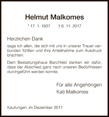 Traueranzeige von Helmut Malkomes von Eschwege