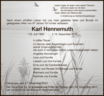 Traueranzeige von Karl Hennemuth von Eschwege