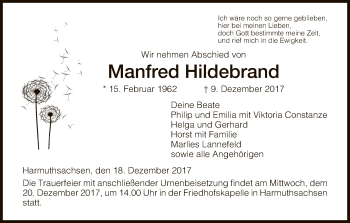 Traueranzeige von Manfred Hildebrand von Eschwege