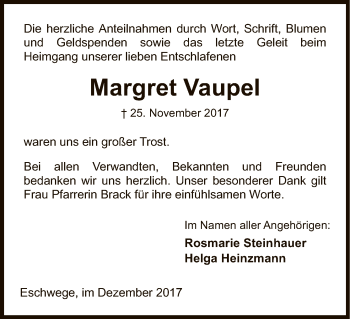 Traueranzeige von Margret Vaupel von Eschwege