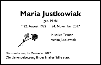 Traueranzeige von Maria Justkowiak von Eschwege