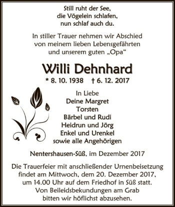 Traueranzeige von Willi Dehnhard von Eschwege