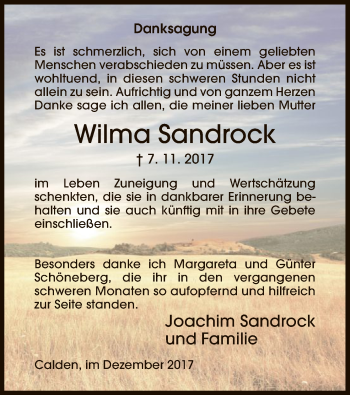 Traueranzeige von Wilma Sandrock von Eschwege