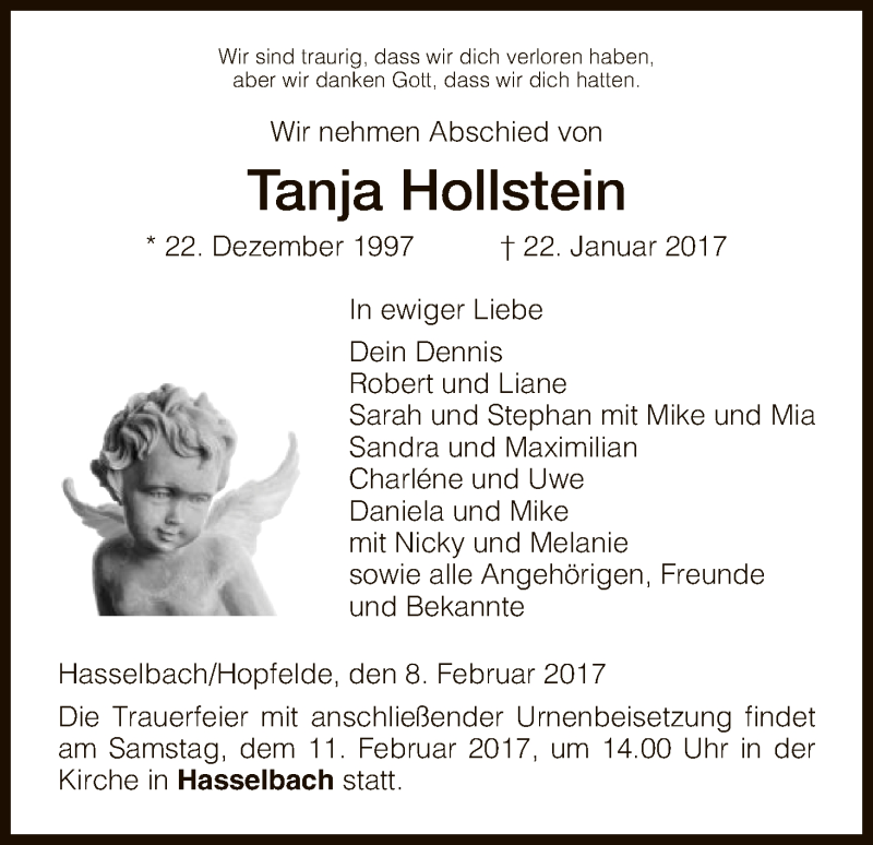  Traueranzeige für Tanja Hollstein vom 08.02.2017 aus Eschwege