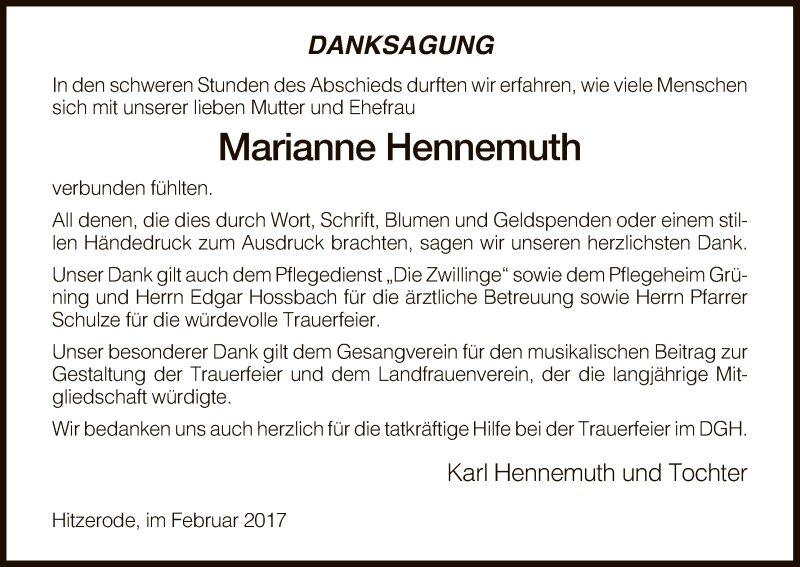  Traueranzeige für Marianne Hennemuth vom 25.02.2017 aus Eschwege