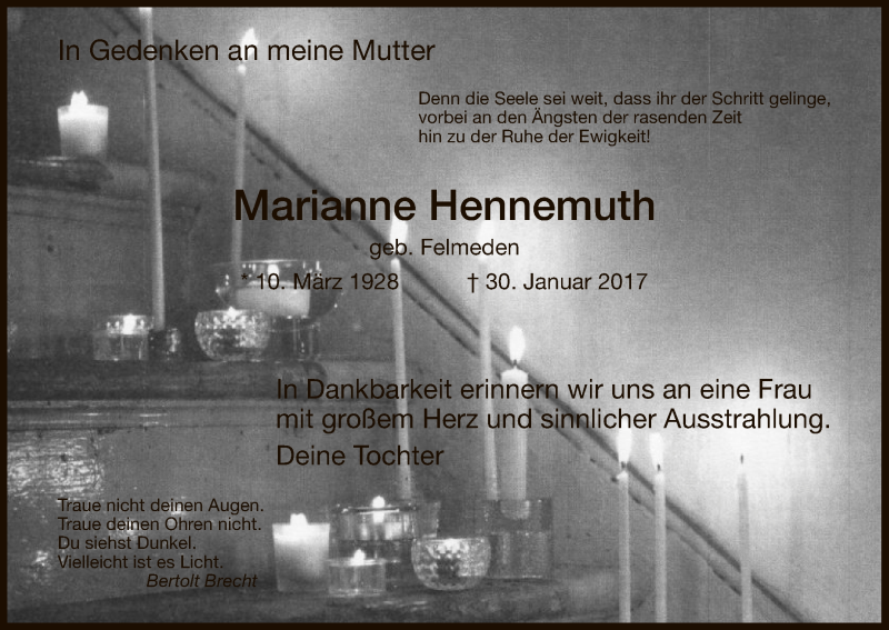  Traueranzeige für Marianne Hennemuth vom 08.02.2017 aus Eschwege