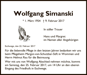 Traueranzeige von Wolfgang Simanski von Eschwege