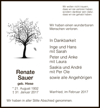Traueranzeige von Renate Sauer von Eschwege