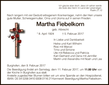 Traueranzeige von Martha Fiebelkorn von Eschwege