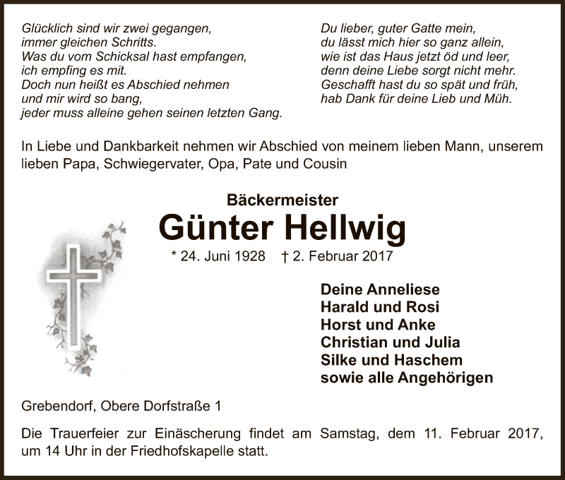  Traueranzeige für Günter Hellwig vom 08.02.2017 aus Eschwege