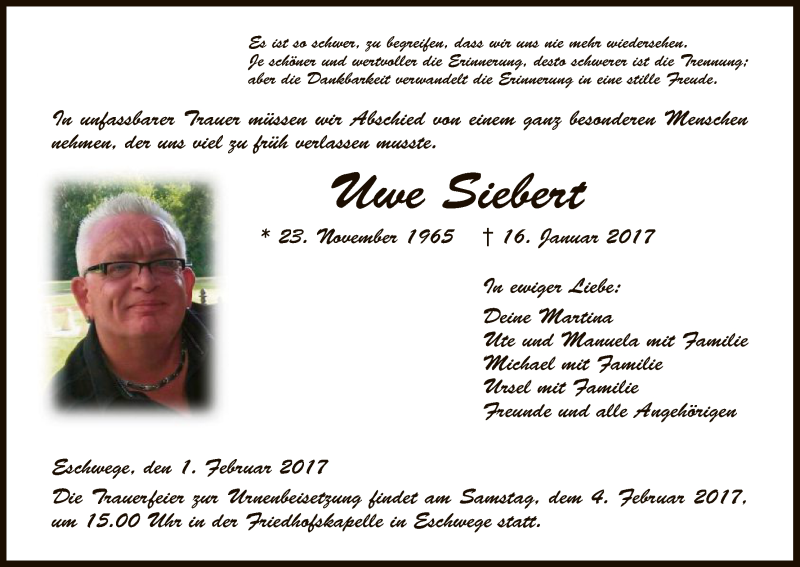  Traueranzeige für Uwe Siebert vom 01.02.2017 aus Eschwege