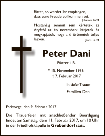 Traueranzeige von Peter Dani von Eschwege