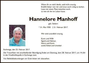 Traueranzeige von Hannelore Manhoff von Eschwege