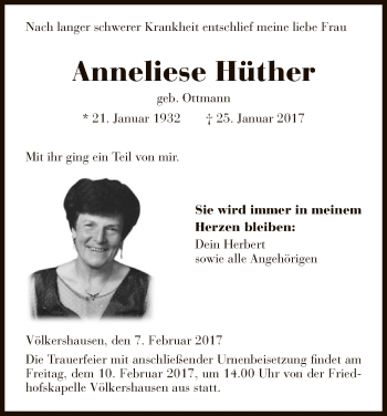 Traueranzeige von Anneliese Hüther von Eschwege