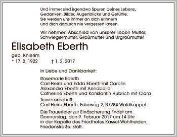 Traueranzeige von Elisabeth Eberth von Eschwege