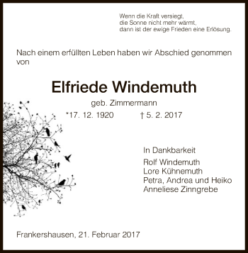 Traueranzeige von Elfriede Windemuth von Eschwege