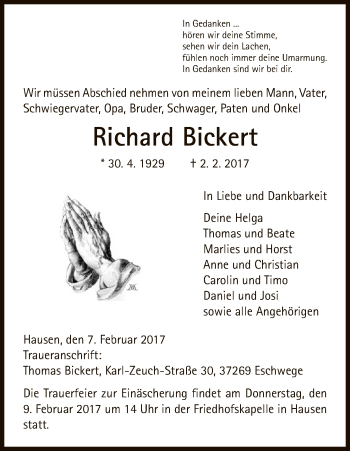 Traueranzeige von Richard Bickert von Eschwege