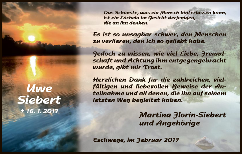  Traueranzeige für Uwe Siebert vom 18.02.2017 aus Eschwege