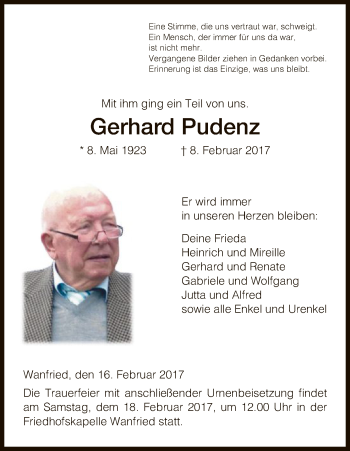 Traueranzeige von Gerhard Pudenz von Eschwege