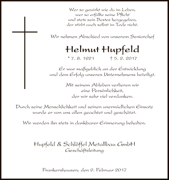Traueranzeige von Helmut Hupfeld von Eschwege
