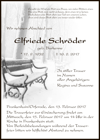 Traueranzeige von Elfriede Schröder von Eschwege