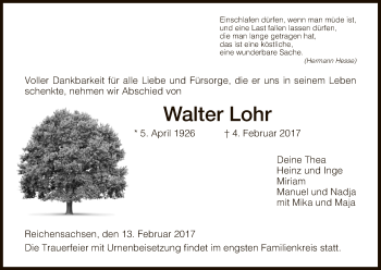 Traueranzeige von Walter Lohr von Eschwege
