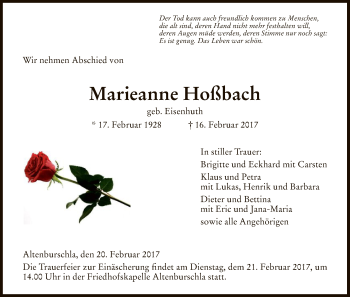 Traueranzeige von Marieanne Hoßbach von Eschwege