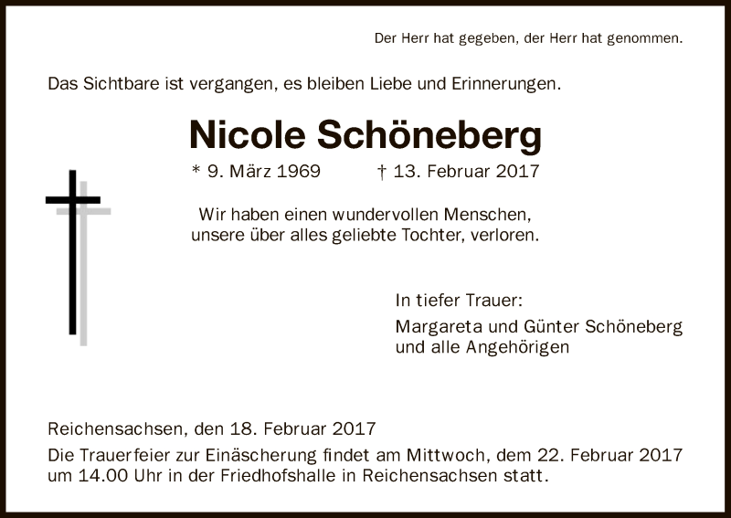  Traueranzeige für Nicole Schöneberg vom 18.02.2017 aus Eschwege