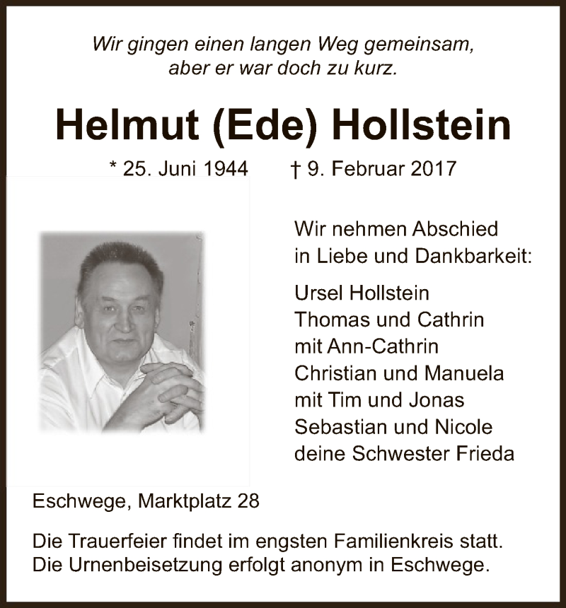  Traueranzeige für Helmut Hollstein vom 15.02.2017 aus Eschwege