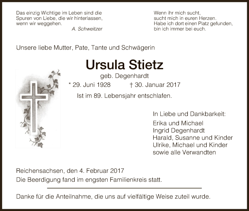  Traueranzeige für Ursula Stietz vom 04.02.2017 aus Eschwege