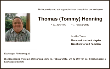 Traueranzeige von Thomas Tommy Henning von Eschwege