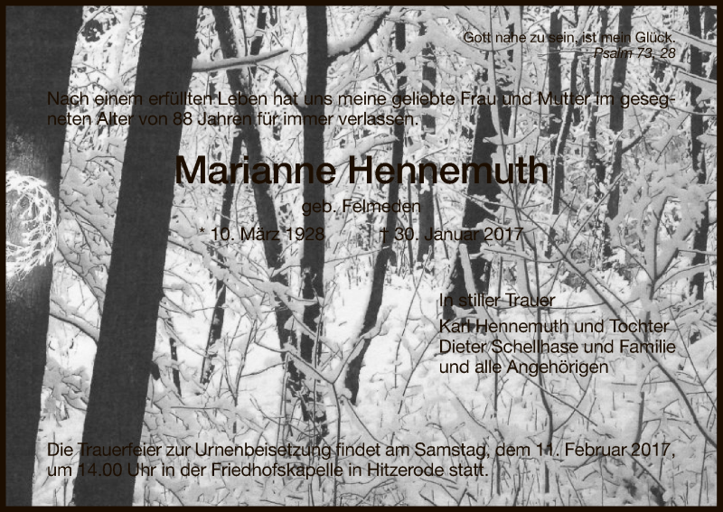  Traueranzeige für Marianne Hennemuth vom 08.02.2017 aus Eschwege