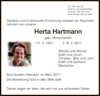 Traueranzeige von Herta Hartmann von Eschwege