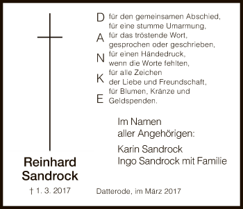 Traueranzeige von Reinhard Sandrock von Eschwege