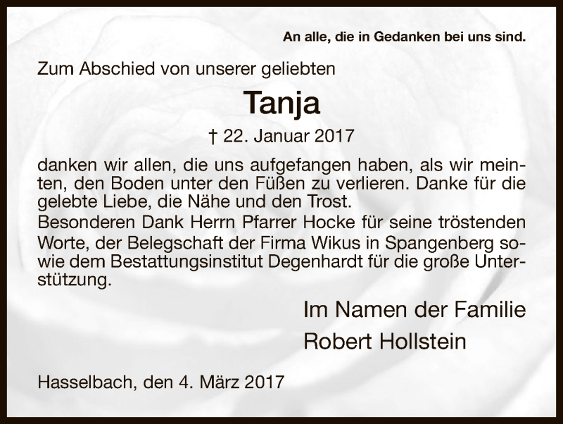  Traueranzeige für Tanja Hollstein vom 04.03.2017 aus Eschwege