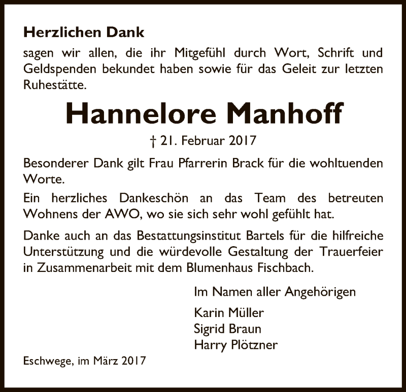  Traueranzeige für Hannelore Manhoff vom 11.03.2017 aus Eschwege