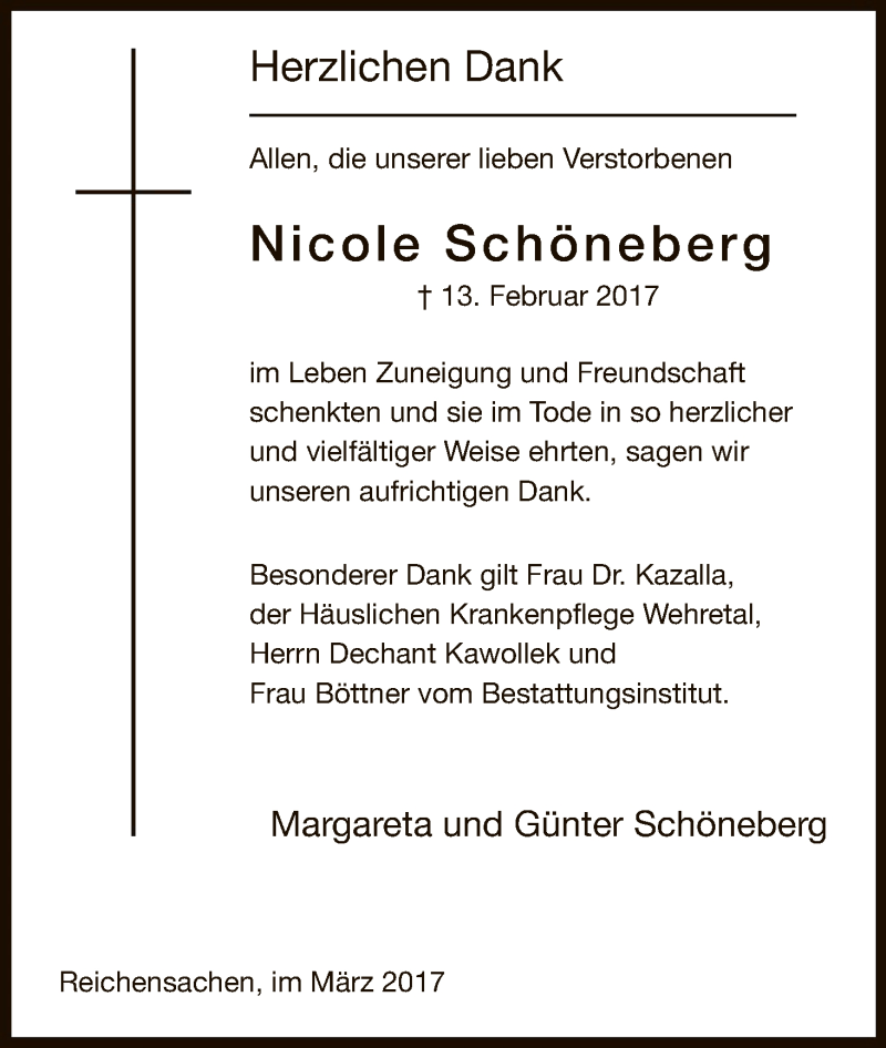  Traueranzeige für Nicole Schöneberg vom 25.03.2017 aus Eschwege