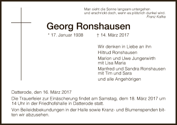 Traueranzeige von Georg Ronshausen von Eschwege