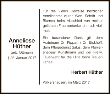 Traueranzeige von Anneliese Hüther von Eschwege