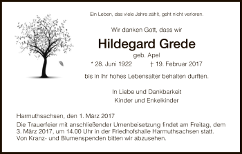 Traueranzeige von Hildegard Grede von Eschwege