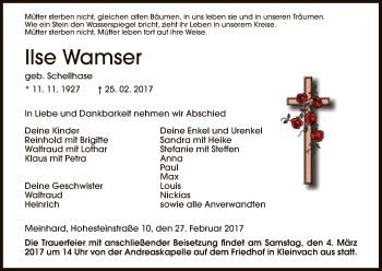 Traueranzeige von Ilse Wamser von Eschwege