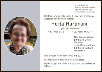 Traueranzeige von Herta Hartmann von Eschwege