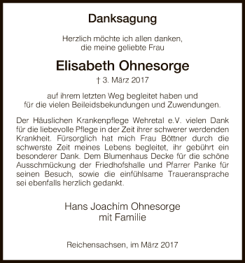 Traueranzeige von Elisabeth Ohnesorge von Eschwege