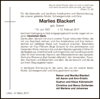 Traueranzeige von Marlies Blackert von Eschwege