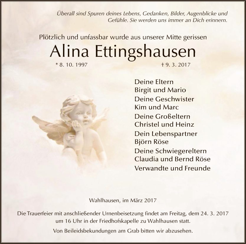  Traueranzeige für Alina Ettingshausen vom 18.03.2017 aus Eschwege