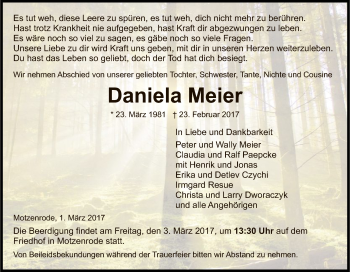 Traueranzeige von Daniela Meier von Eschwege