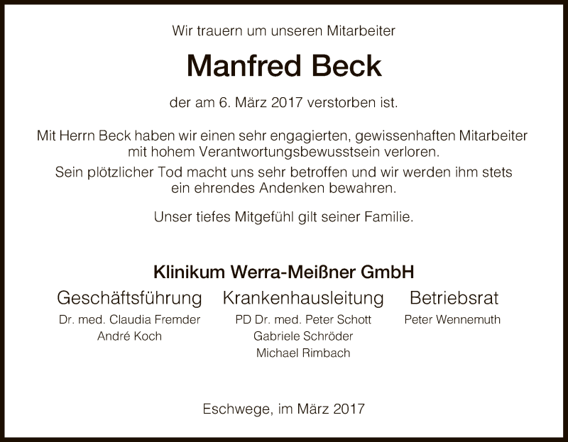  Traueranzeige für Manfred Beck vom 15.03.2017 aus Eschwege