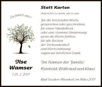 Traueranzeige von Ilse Wamser von Eschwege